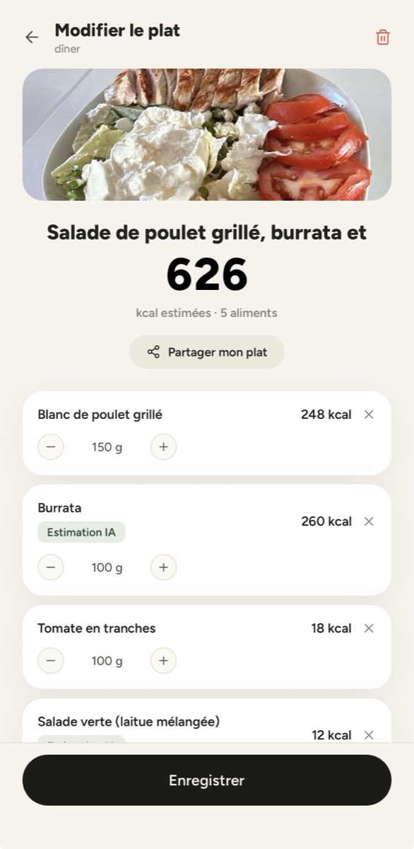 Écran Graam : estimation des calories et macros d'un plat par l'IA