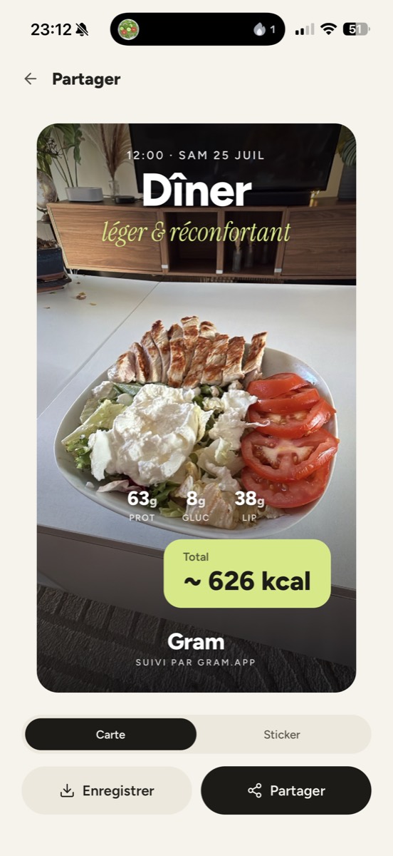 Écran de partage Graam : le repas transformé en carte prête pour la story